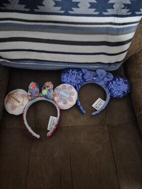 2 Disney Minnie Mouse Ears Headbands HELLO/GOODBYE & DARK BLUE SEQUINED